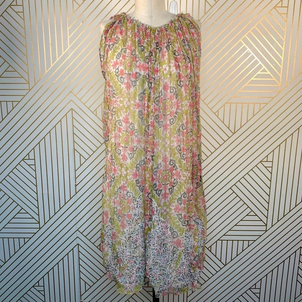 Anthropologie Rina Dhaka Dress Pleated Beaded Floral Print Sleeveless Size Small